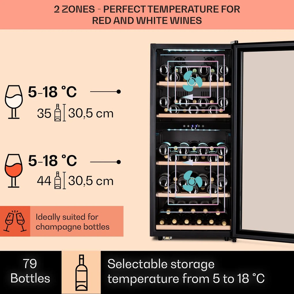 Klarstein Vinamour 66 Duo, frigider pentru vin, 2 zone, 204 l, 79 sticle, 5 - 18 °C, control tactil