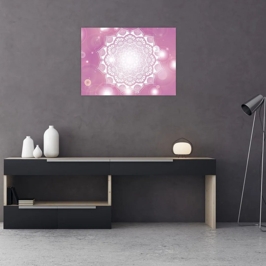 Tablou pe sticlă - Mandala pe fundal roz (70x50 cm)
