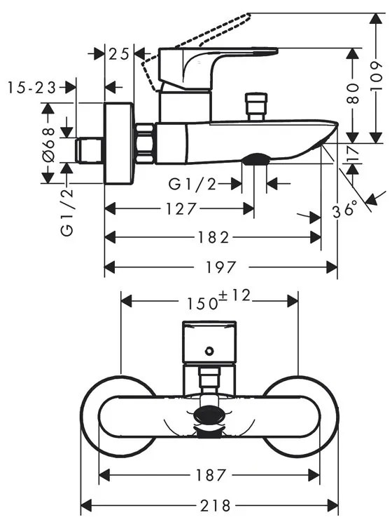 Baterie cada-dus Hansgrohe, Rebris E, negru mat