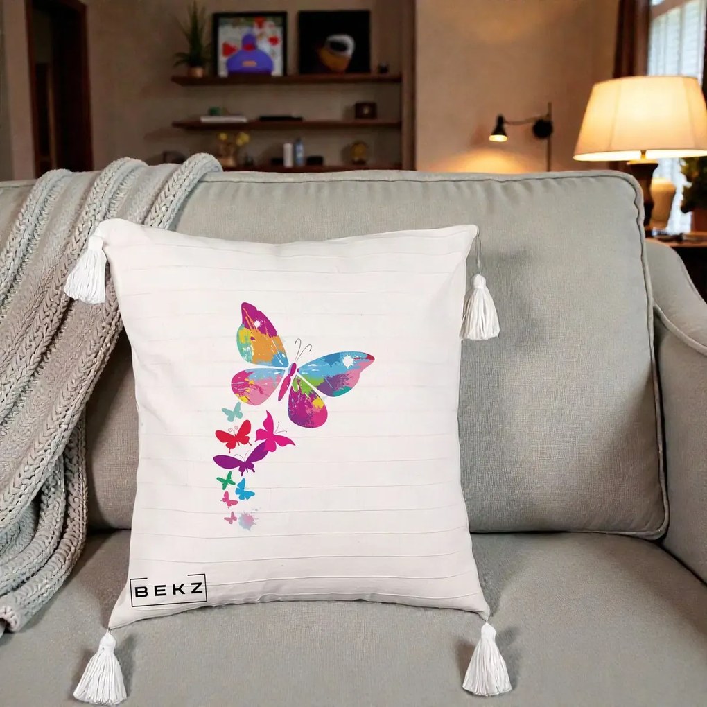 Perna Decorativa Fluturi Splash, 40x40 cm, Bej cu Franjuri, Husa Detasabila, Perna Inclusa, BEKZ®