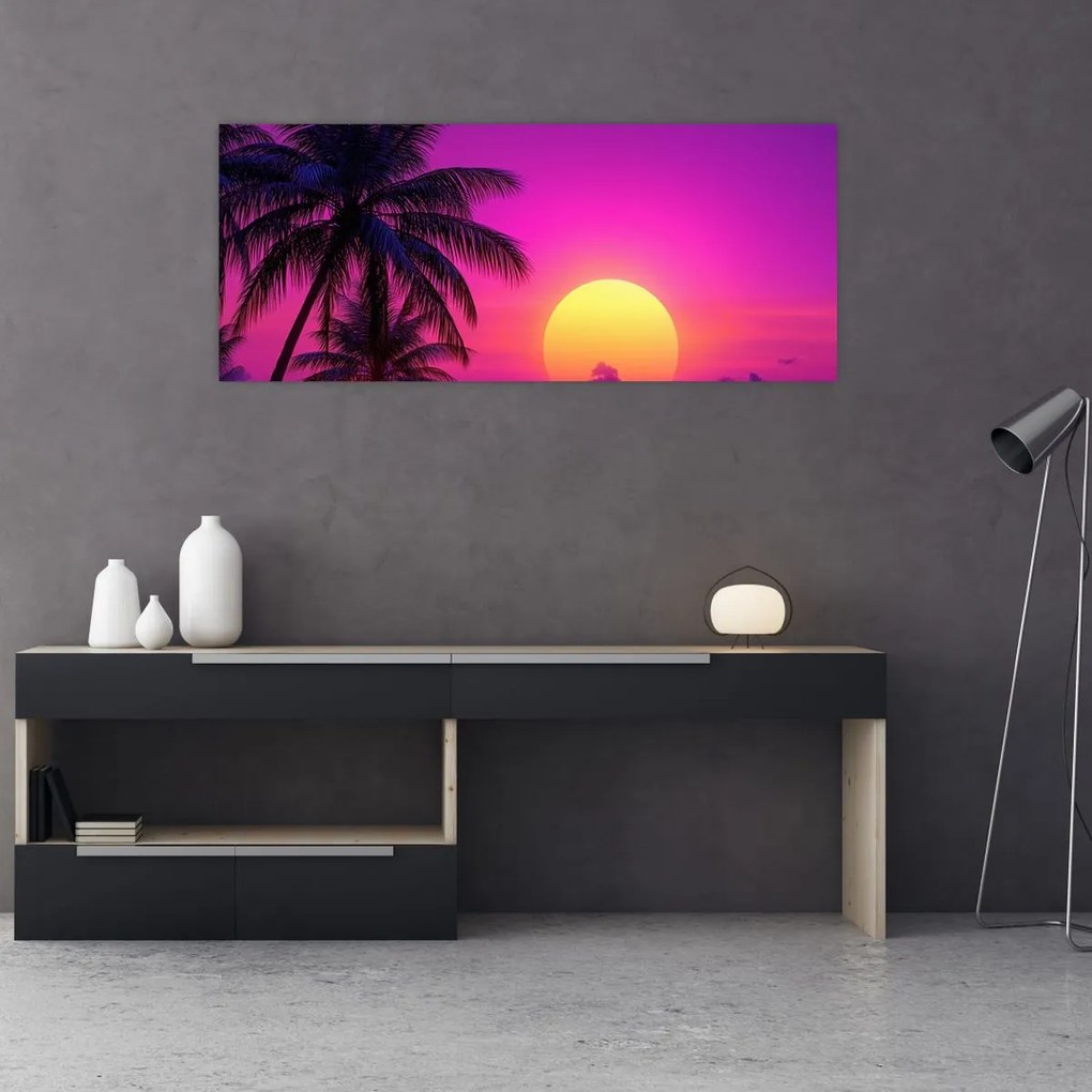 Tablou - Apus violet cu palmier (120x50 cm)