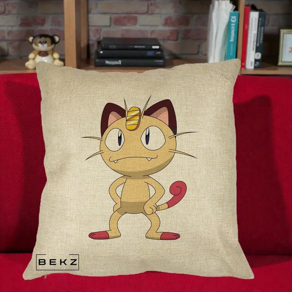 Perna Personalizata Meowth Pokemon, 40x40 cm, Crem, Husa Detasabila, Perna Inclusa, BEKZ®
