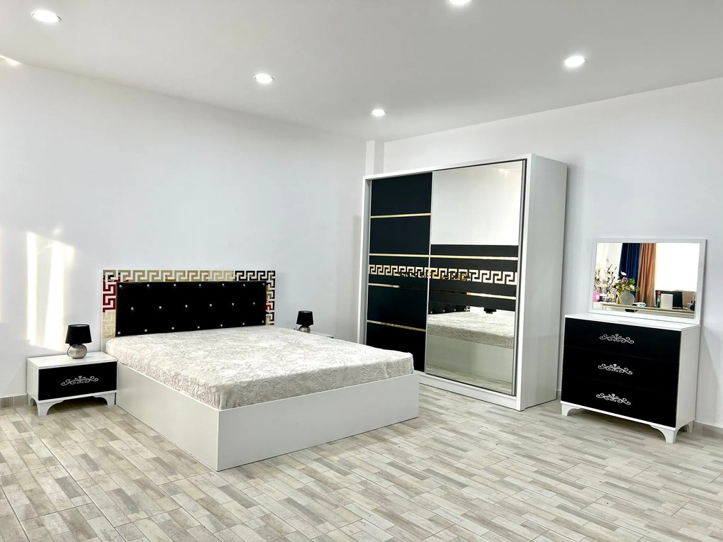 Dormitor Palermo, culoare alb / negru, cu pat tapitat 160 x 200 cm, dulap cu 2 usi, comoda cu oglinda, 2 noptiere