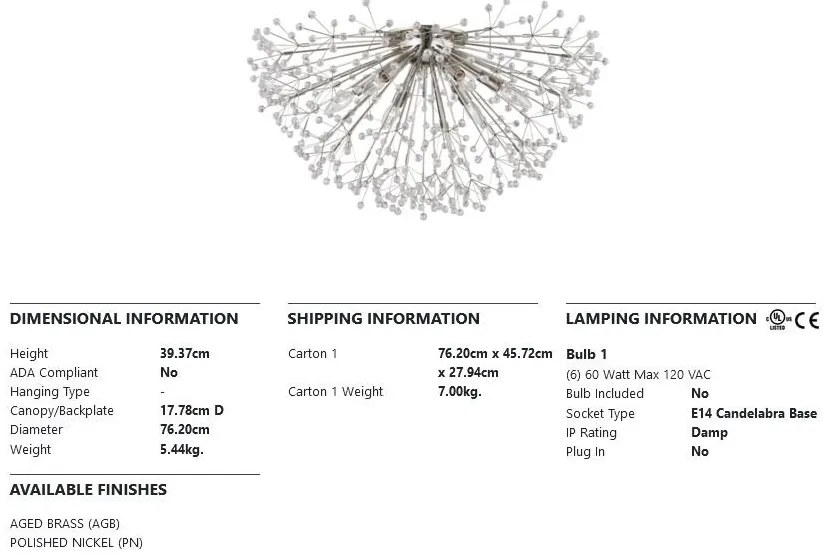 Plafoniera LUX design modern DUNKIRK nichel lucios, cu 6 surse de lumina
