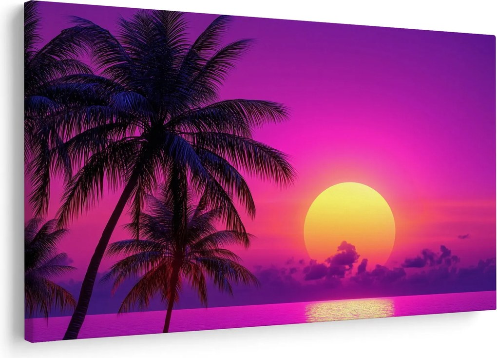 Tablou - Apus violet cu palmier (90x60 cm)