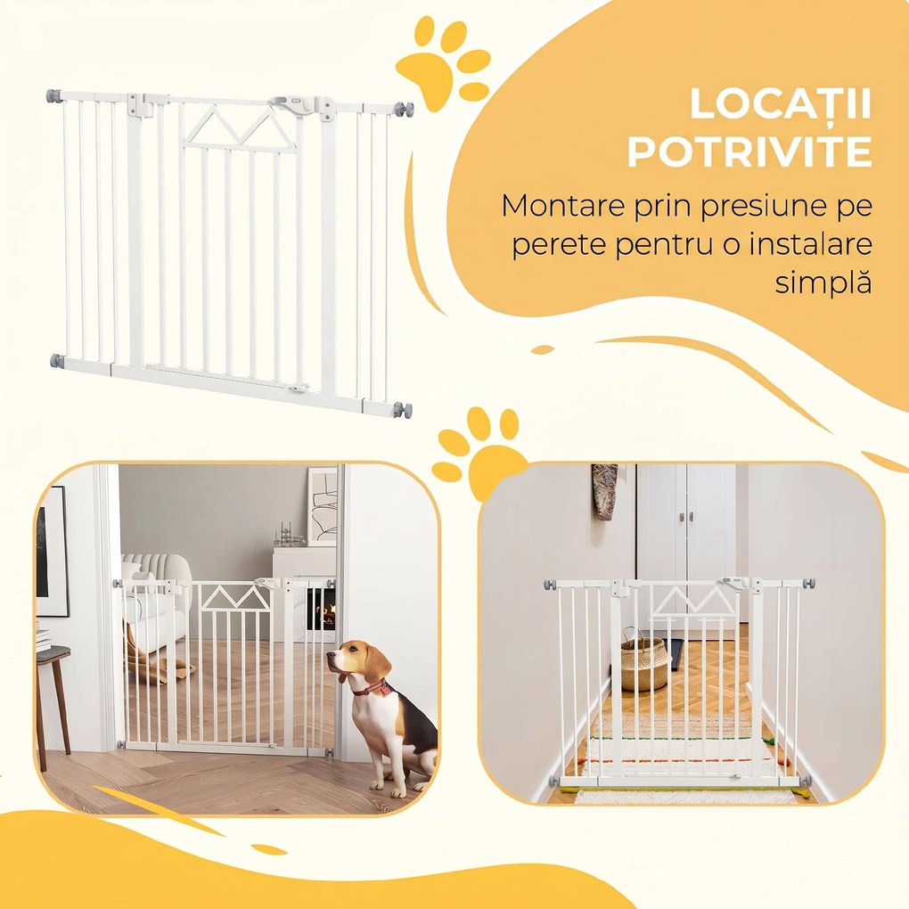 PawHut Poartă de Siguranță Autoînchidere pentru Câini, Montare Ușoară prin Presiune, Ideală pentru Spații Mici și Mijlocii, Alb | Aosom Romania