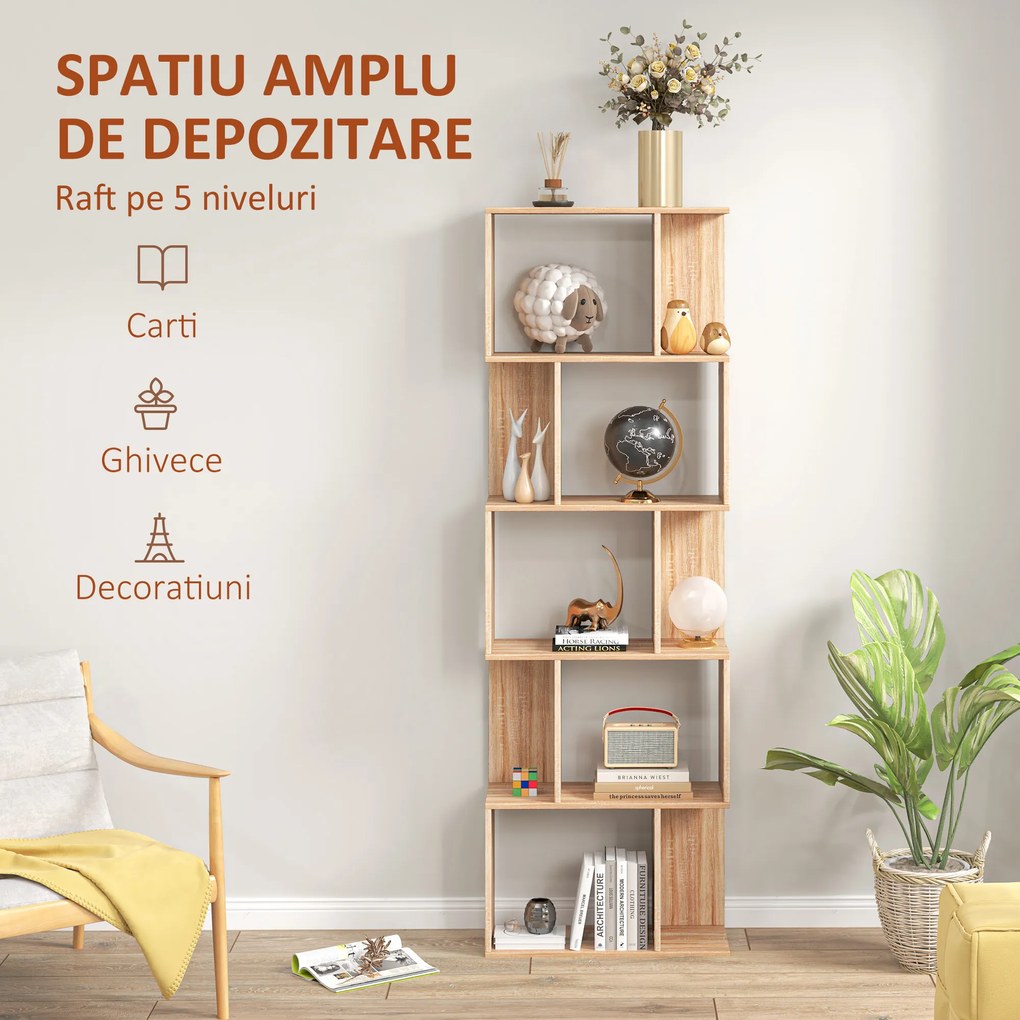 HOMCOM Bibliotecă cu 5 Rafturi Separate cu Spațiu de Economisire în Formă de S din Lemn, 60x24x184,5 cm, Lemn Natural | Aosom Romania