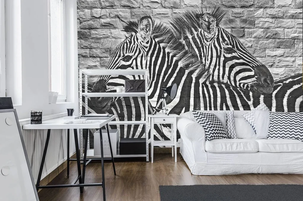 Fototapet - Zebre pe peretele din cărămizi (254x184 cm), în 8 de alte dimensiuni noi