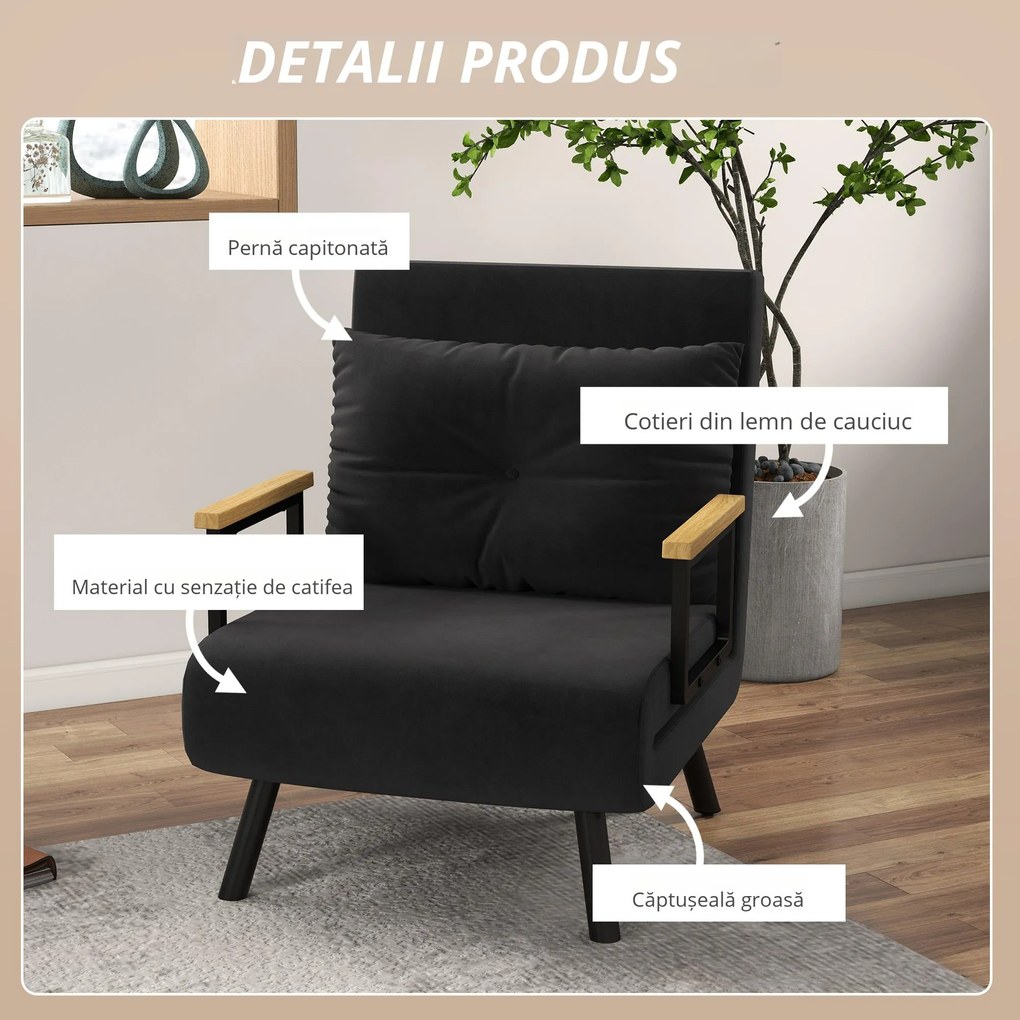 HOMCOM Canapea Extensibilă cu Spătar Reglabil pe 5 Nivele, Canapea Pat Individuală Pliabilă cu Perne, 63x73x81 cm, Negru | Aosom Romania