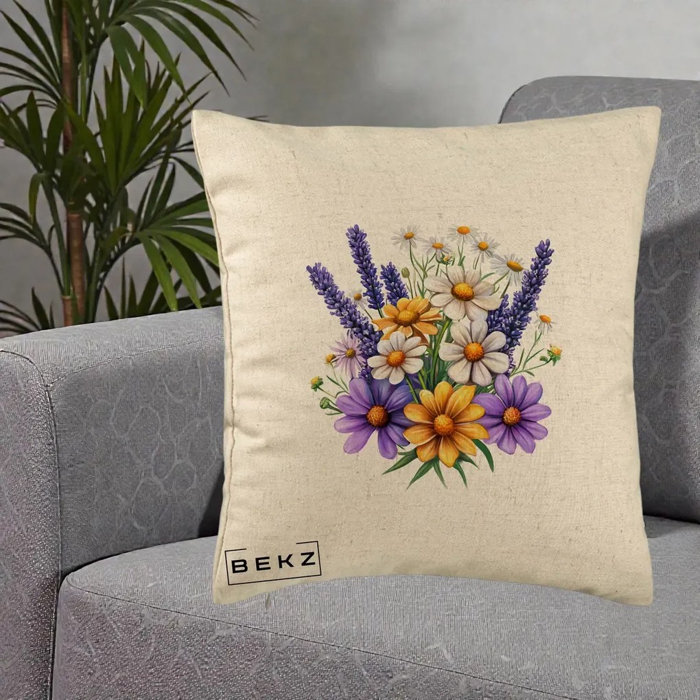 Perna Decorativa Lavanda Musetel si Flori Mov, 40x40 cm, Bej, Husa Detasabila, Perna Inclusa, BEKZ®