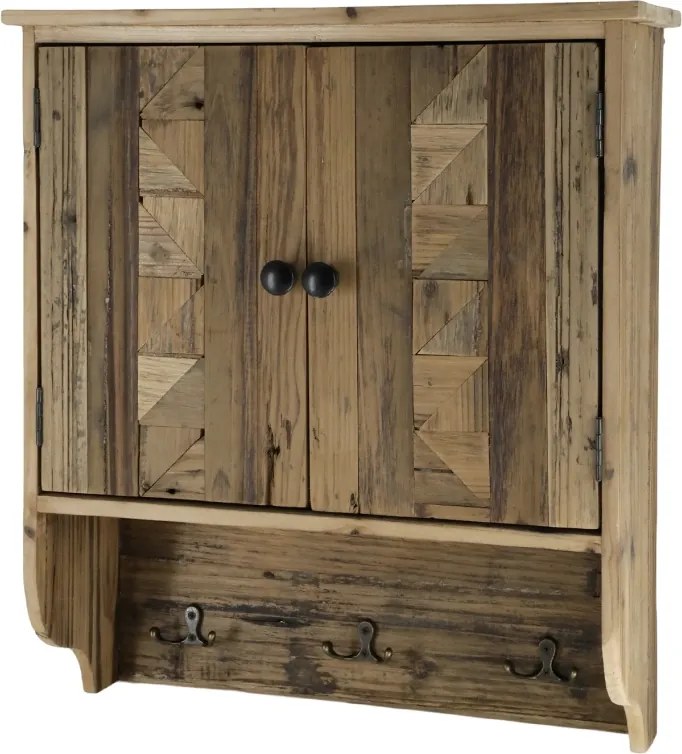 Dulap de perete, din lemn reciclat, cu 2 usi 3 agatatori, aspect rustic