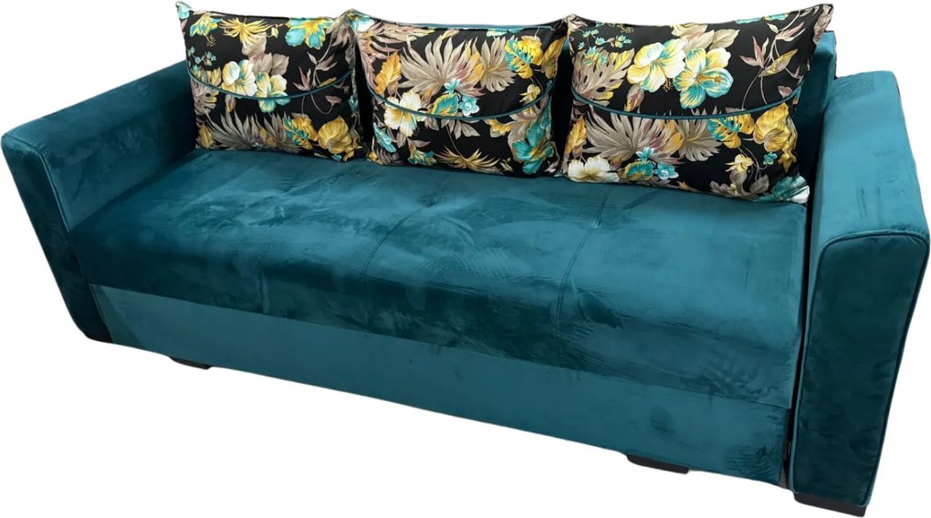 Canapea LILI extensibila, 3 locuri, cu lada de depozitare, catifea turcoaz , 220x95x80 Turcoaz, Catifea
