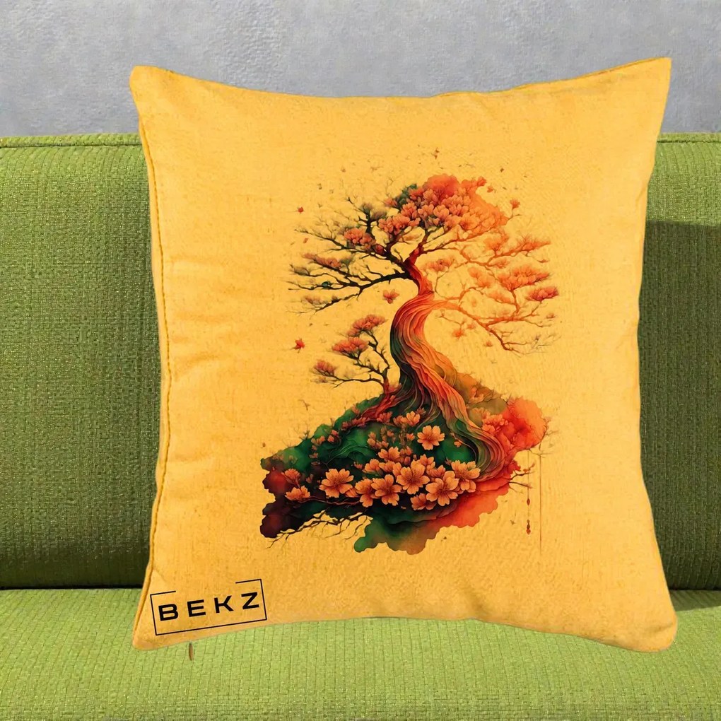 Perna Decorativa Copac Sakura Acuarela Fantasy, 40x40 cm, Galben, Husa Detasabila, Perna Inclusa, BEKZ®