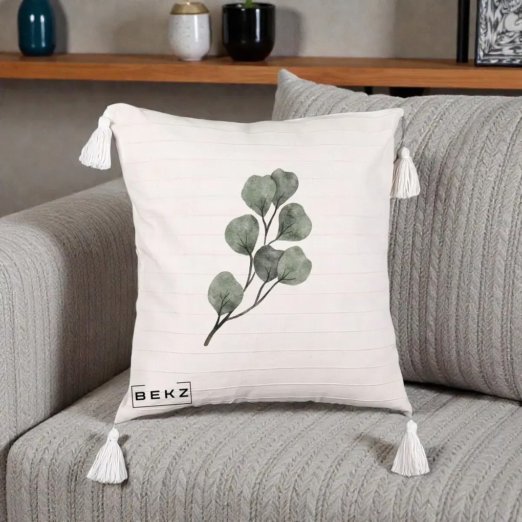 Perna Decorativa Ramura Eucalipt Acuarela, 40x40 cm, Bej cu Franjuri, Husa Detasabila, Perna Inclusa, BEKZ®