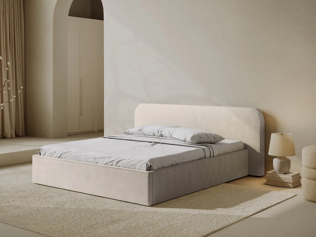 Pat tapitat cu somiera rabatabila si lada depozitare, 180x200 cm, Micadoni Home, Elizabeth-68, tesatura structurata chenille, bej