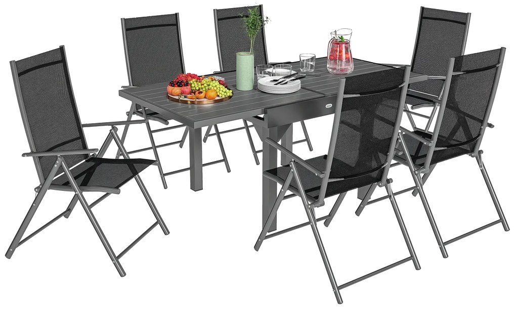 Outsunny Set de Grădină din 7 Piese cu Masă Extensibilă și 6 Scaune Pliabile cu Brațe, 90/180x90x75 cm, Gri și Negru | Aosom Romania