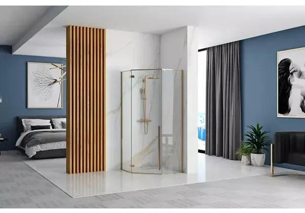 Cabina de dus pentagonala Rea Diamond cu usa batanta 100x100 auriu