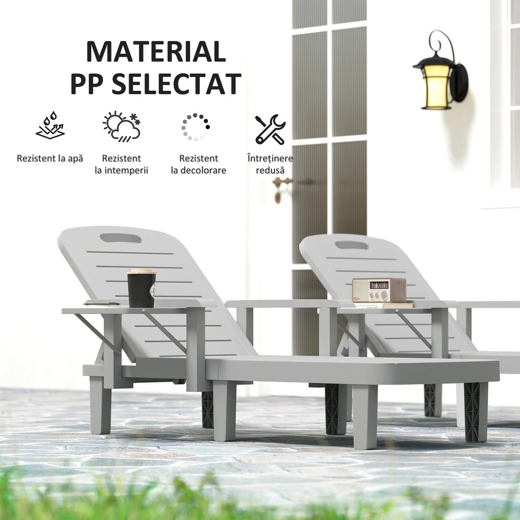 Outsunny Set 2 Șezlonguri cu Spătar Reglabil în 5 Poziții, Măsuță și Brațe Ergonomice, 79x158x88 cm, Gri | Aosom Romania