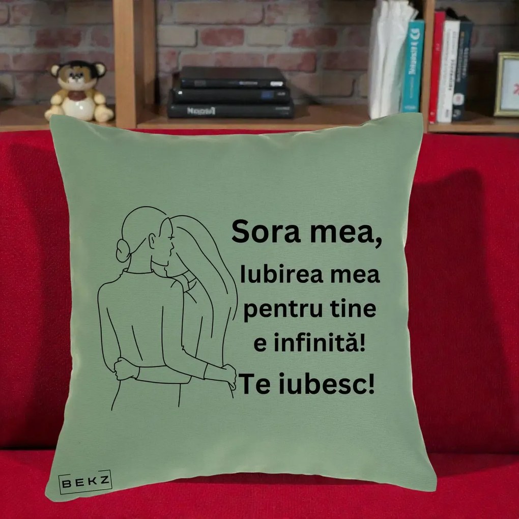 Cadou pentru Sora - Perna Personalizata Sora Mea Te Iubesc Imbratisare din Spate Line Art, 40x40 cm, Verde, Husa Detasabila, Perna Inclusa, BEKZ®