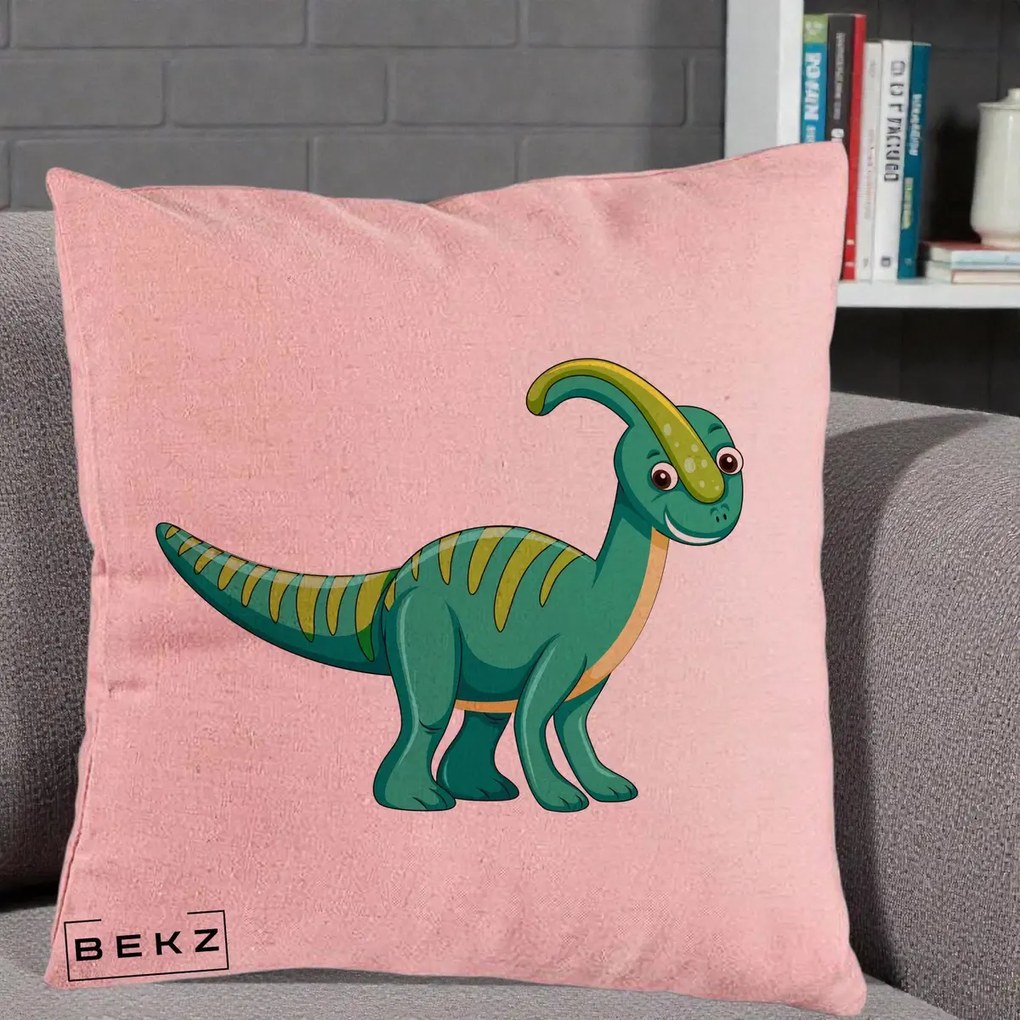 Perna Decorativa Parasaur Verde, 40x40 cm, Roz, Husa Detasabila, Perna Inclusa, BEKZ®