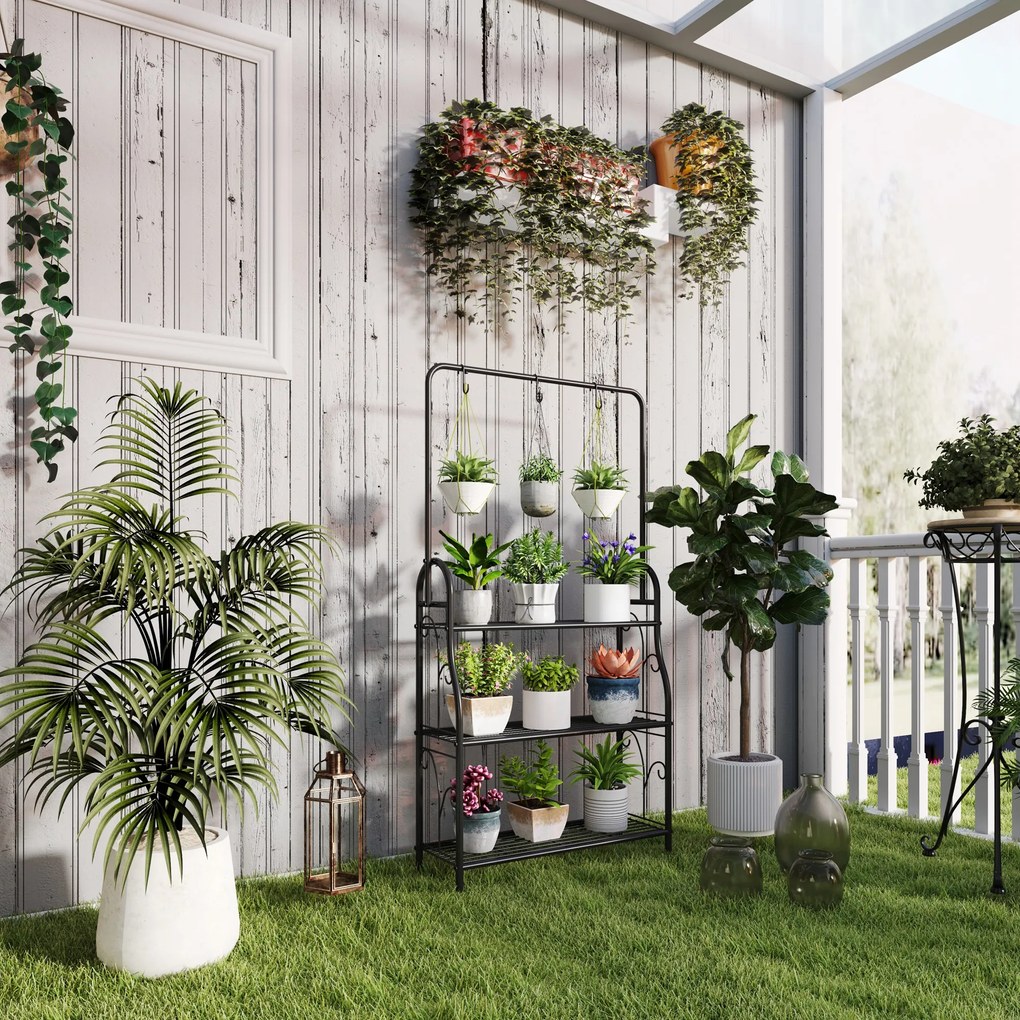 Outsunny Suport pentru Plante cu 3 Niveluri, cu Bară pentru Agățat și Cârlige, Raft Metalic pentru Ghivece și Flori, pentru Interior și Exterior, Balcon, Living, Dormitor, Negru | Aosom Romania