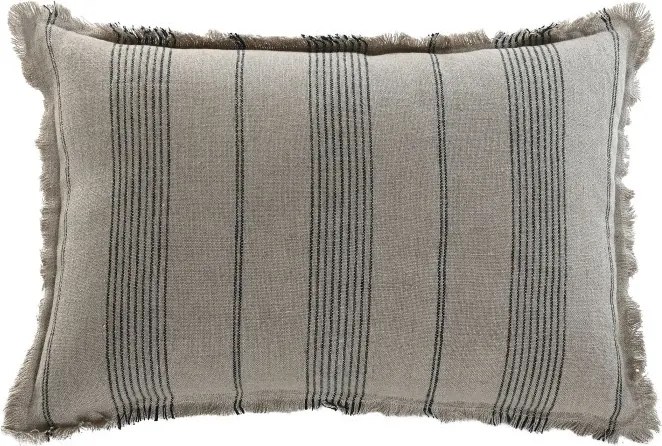 Pernă decorativă din in natural cu dungi, 60 x 40 cm, 500 g, bej și gri, franjuri, husă cu fermoar, „Linen Cushion Striped"