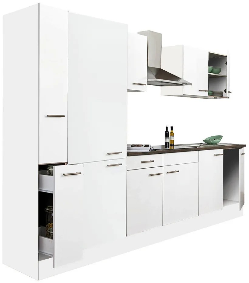 Mobilă de bucătărie Yorki 300, corp alb, cu față satinată albă și dulap cu raft