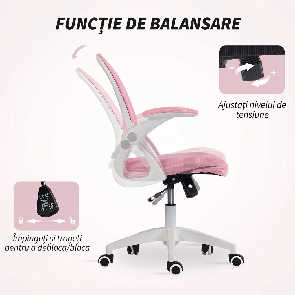 Vinsetto Scaun de Birou Ergonomic, Reglabil, cu Spătar din Plasă și Scaun Captusit, 65.5x61.5x88-97.5 cm, Roz | Aosom Romania