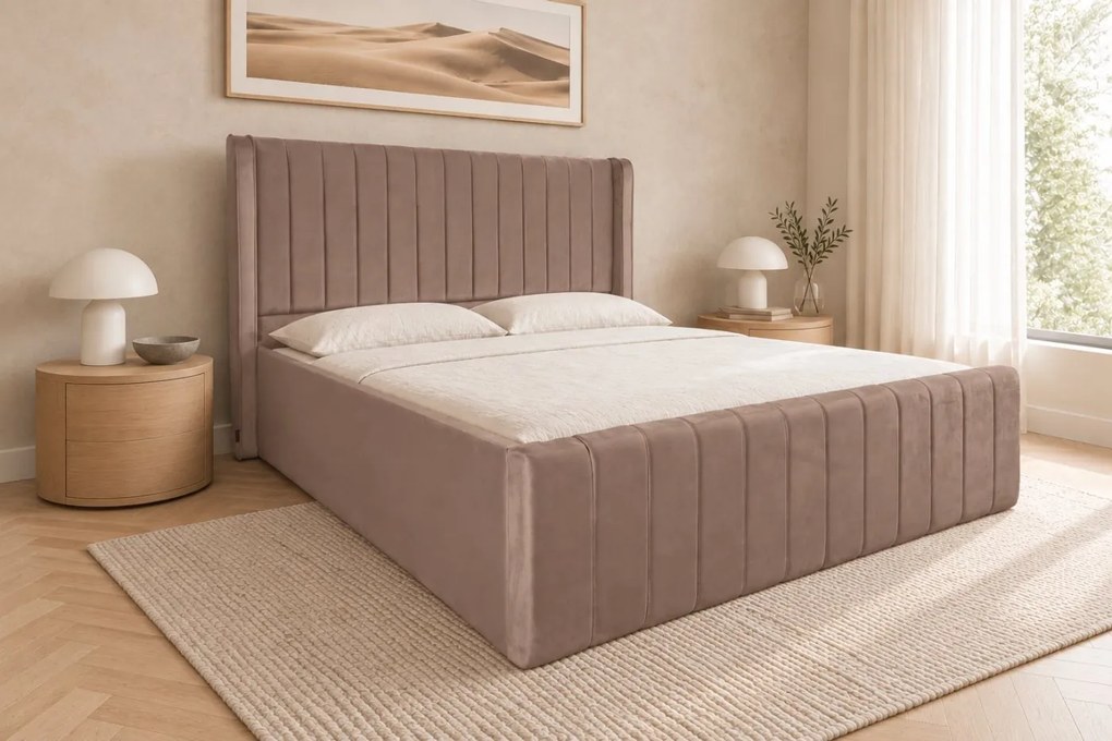Pat tapițat din catifea Aurelia Simple 120×200 cm, cappuccino, cu ladă de depozitare