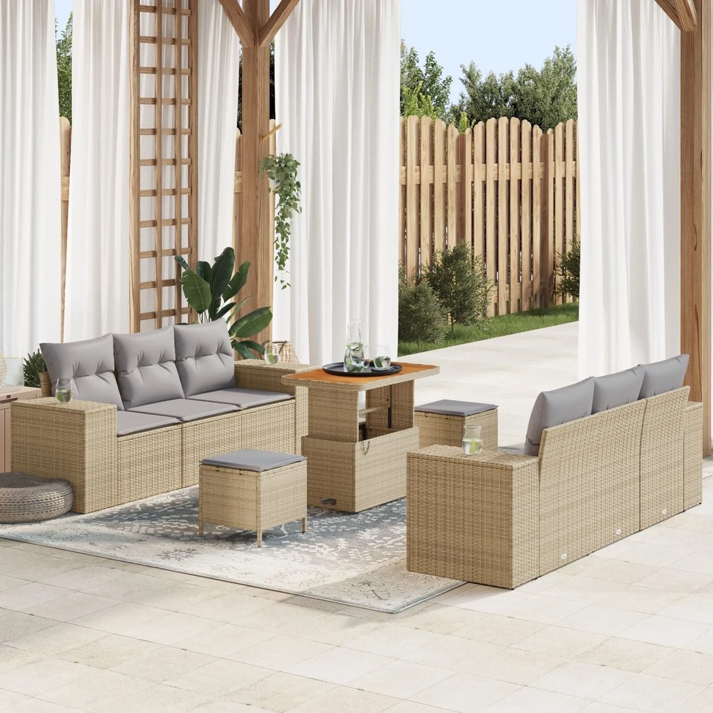 vidaXL Set de canapea pentru grădină 9 piese cu pernă bej din ratan poli acacia