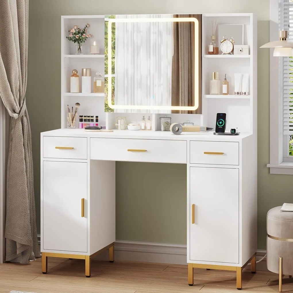 SEA1 - Set Masa toaleta 104 cm, cu 3 sertare, Cu Priza, USB si USB-C, cosmetica, machiaj, oglinda cu LED, masuta vanity, make-up - Alb