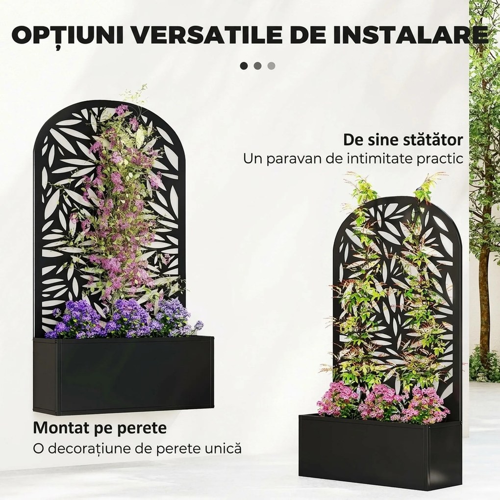 Outsunny Jardiniere Ridicată pentru Grădină și Balcon cu Spalier Arcuit Decorat cu Frunze, pentru Flori și Legume, Montare pe Perete sau Utilizare Independentă, Negru | Aosom Romania