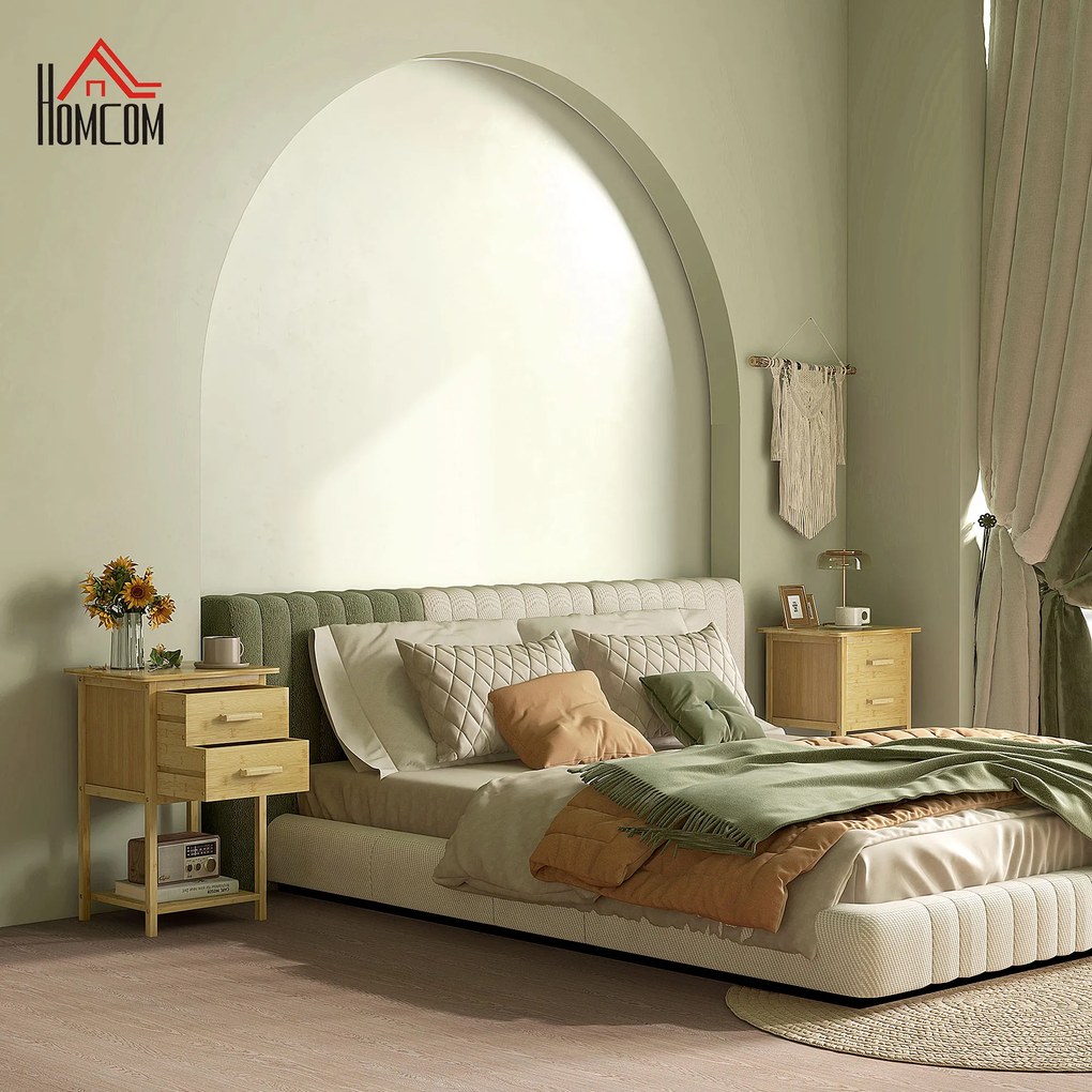 HOMCOM Noptiere, 2 piese, cu 2 Sertare și Poliță de Jos în Stil Nordic, Noptiere Moderne din Bambus, 40x34x60 cm, Lemn Natural | Aosom Romania