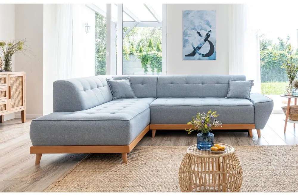 Colțar extensibil cu șezlong pe partea stângă Miuform Dazzling Daisy L, albastru deschis