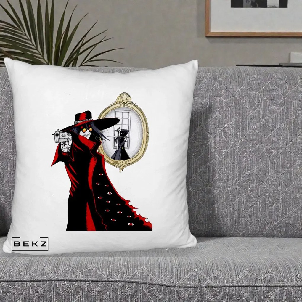 Perna Personalizata Hellsing Alucard cu Pistoale, 40x40 cm, Alb Pufos, Husa Detasabila, Perna Inclusa, BEKZ®