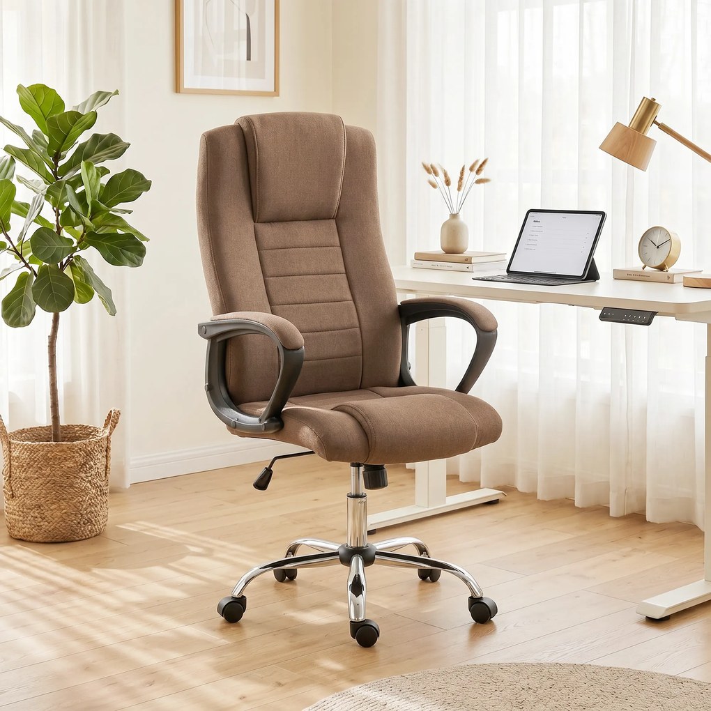 Vinsetto Scaun de Birou Ergonomic Inclinabil și Rotativ în Țesătură cu Aspect de In cu Tetieră, Maro | Aosom Romania