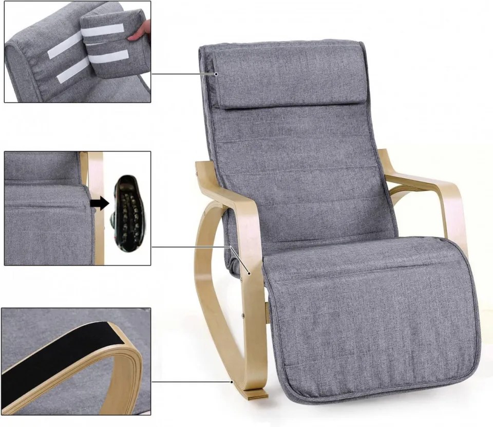 Fotoliu balansoar, lemn de mesteacan / textil, gri inchis / natural, Songmics