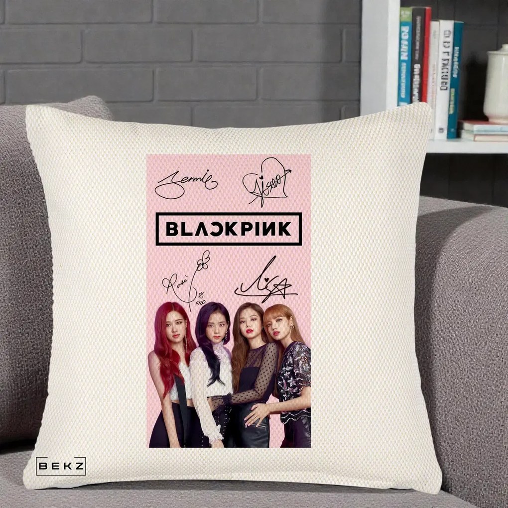 Perna Personalizata K-pop BLACKPINK Semnaturi si Foto, 40x40 cm, Crem Reliefat, Husa Detasabila, Perna Inclusa, BEKZ®