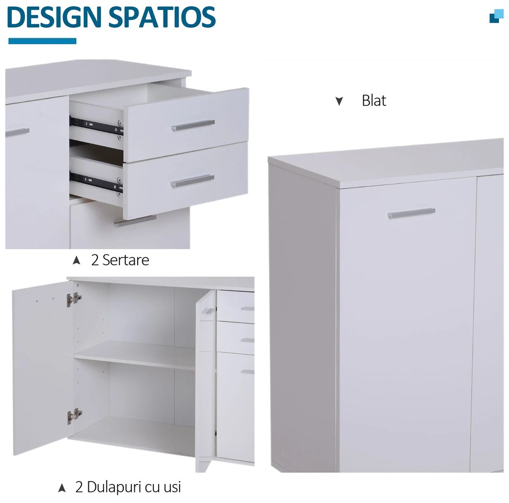 HOMCOM Dulapior Multifuncțional cu 3 Uși și 2 Sertare, Design Modern, Lemn Granulat, Alb, 106x35x76cm | Aosom Romania