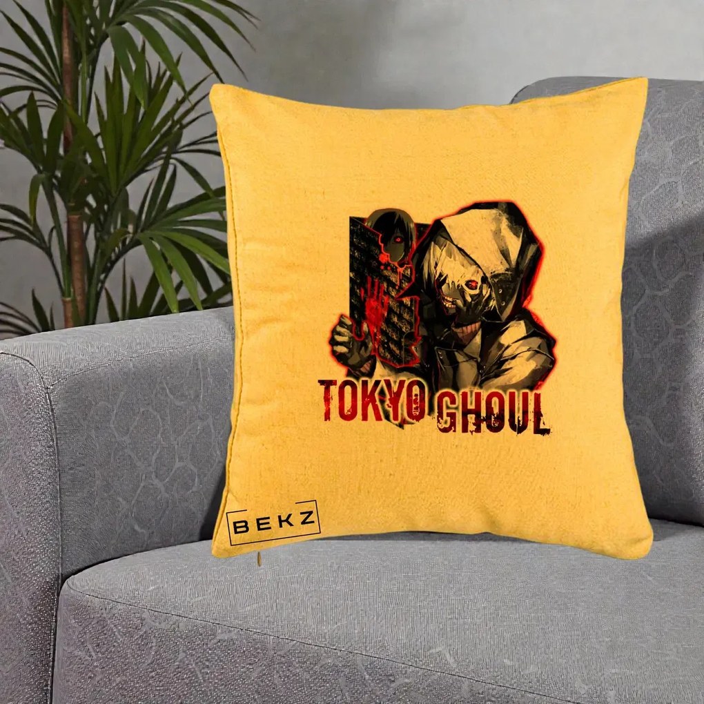 Perna Personalizata Tokyo Ghoul Ken Kaneki Anime, 40x40 cm, Galben, Husa Detasabila, Perna Inclusa, BEKZ®