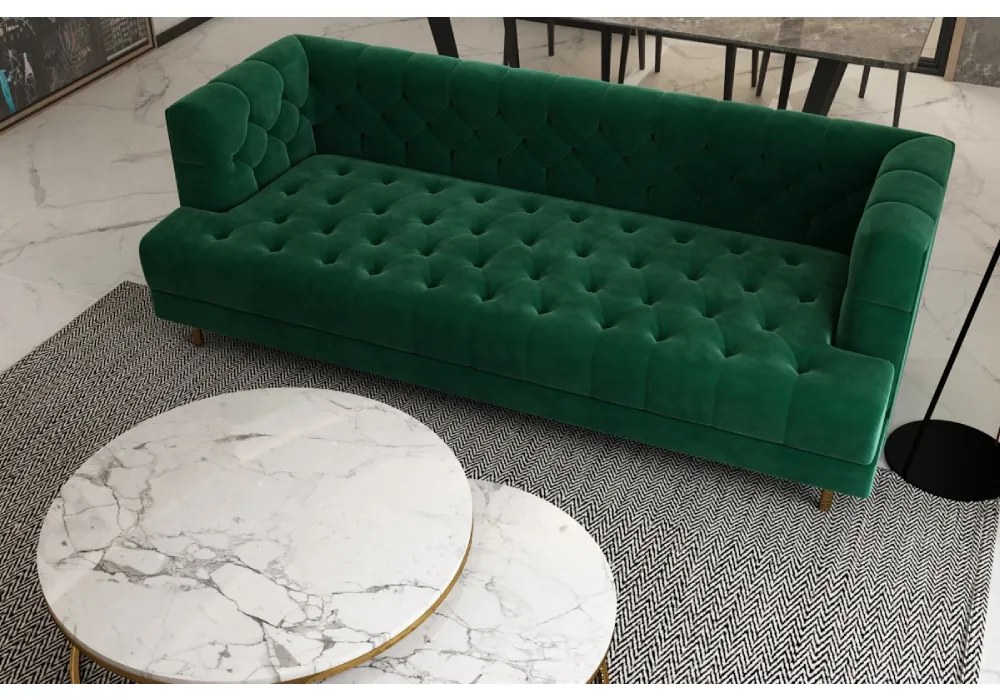 CANAPEA CATIFEA LUX CHESTERFIELD, 210X88X75 CM, CULOARE VERDE SMARALD, SEZUT SPUMA, CADRU LEMN, PICIOARE METAL AURIU