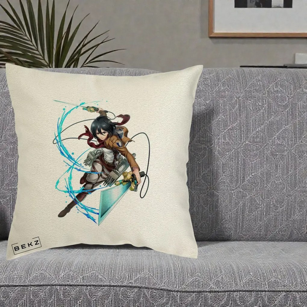 Perna Personalizata Attack on Titan Mikasa Ackerman Lupta, 40x40 cm, Ecru, Husa Detasabila, Perna Inclusa, BEKZ®