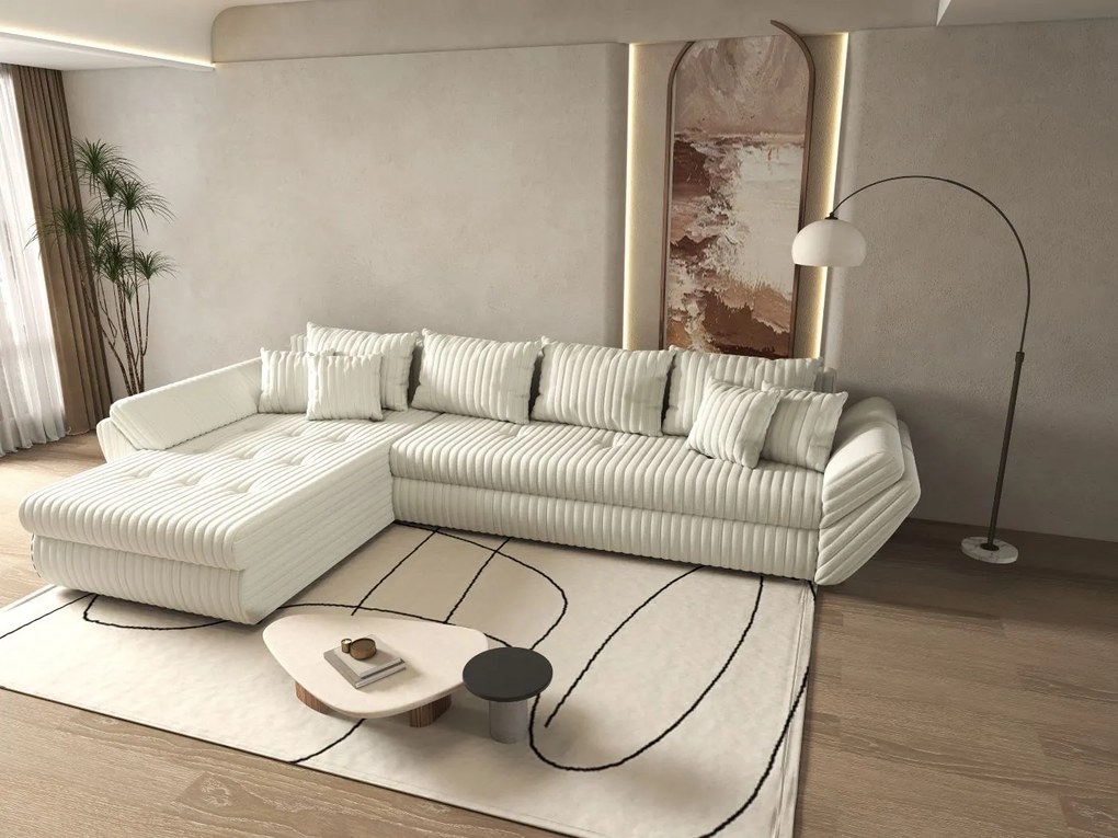 Colțar extensibil dumonde cu ladă de depozitare si sezut confortabil din spuma high-density, Loana XL Ambience Ivory 335x185 cm