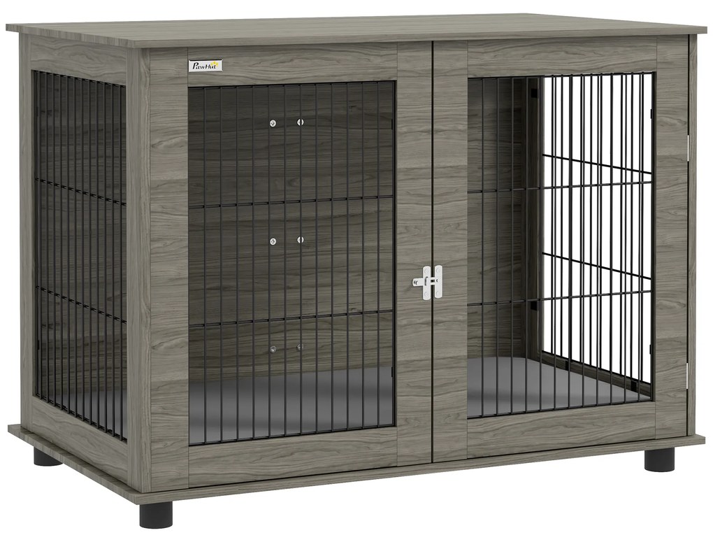 PawHut Cușcă pentru câine 2 în 1 masă de cafea cu pernă de plus detașabilă ușă blocabilă 100 x 60 x 73,5 cm gri | Aosom Romania