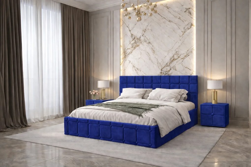 Pat tapitat Royal 160x200 cm, Albastru + Saltea Superortopedica Gold, grosime 20 cm + Set 2 noptiere Royal, Albastru