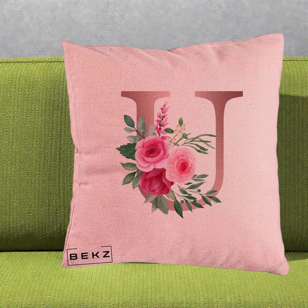 Cadou Personalizat - Perna Personalizata Monograma Rose Gold Litera U, 40x40 cm, Roz, Husa Detasabila, Perna Inclusa, BEKZ®