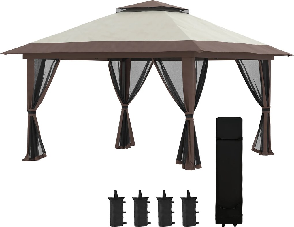 Outsunny Pavilion Pliabil Pop-Up 4x4 m cu Înălțime Reglabilă pe 3 Niveluri, Pavilion de Exterior cu Plasă de Țânțari, Saci de Nisip, Geantă de Transport, UV50+, pentru Grădină, Camping, Petreceri, Bej | Aosom Romania