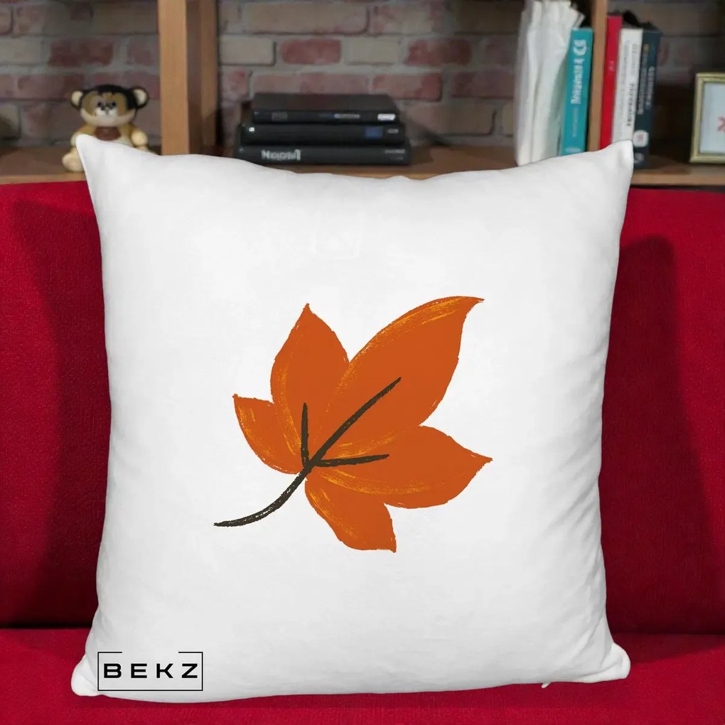 Perna Decorativa Frunza de Toamna Portocalie, 40x40 cm, Alb Pufos, Husa Detasabila, Perna Inclusa, BEKZ®