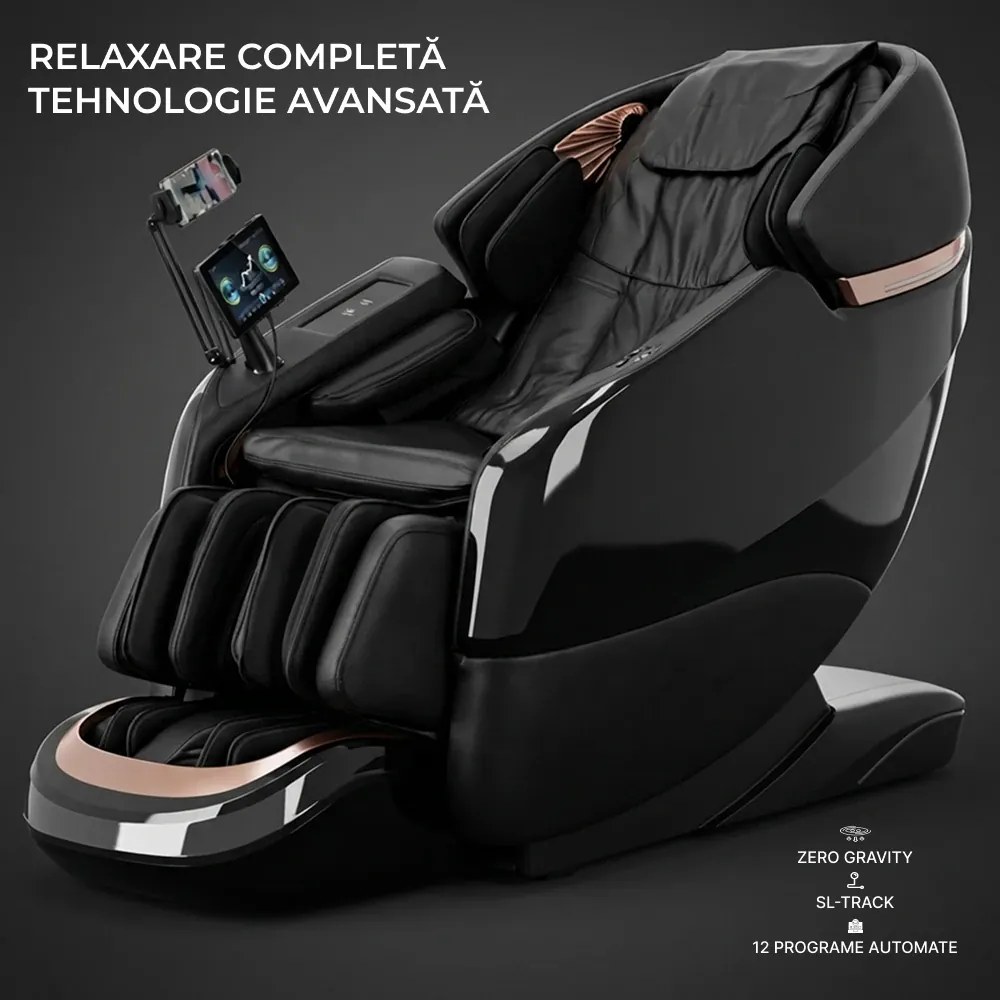 Fotoliu de masaj ZEENA INFINITY PRO, AI voce, Incalzire, Bluetooth, Zero Gravity SL-Track Shiatsu, Joystick și suport pentru telefon, Controler rapid cotiera, 2 Boxe, Moduri Automate, Suport Picioare extensibil, Piele PU Premium, Negru