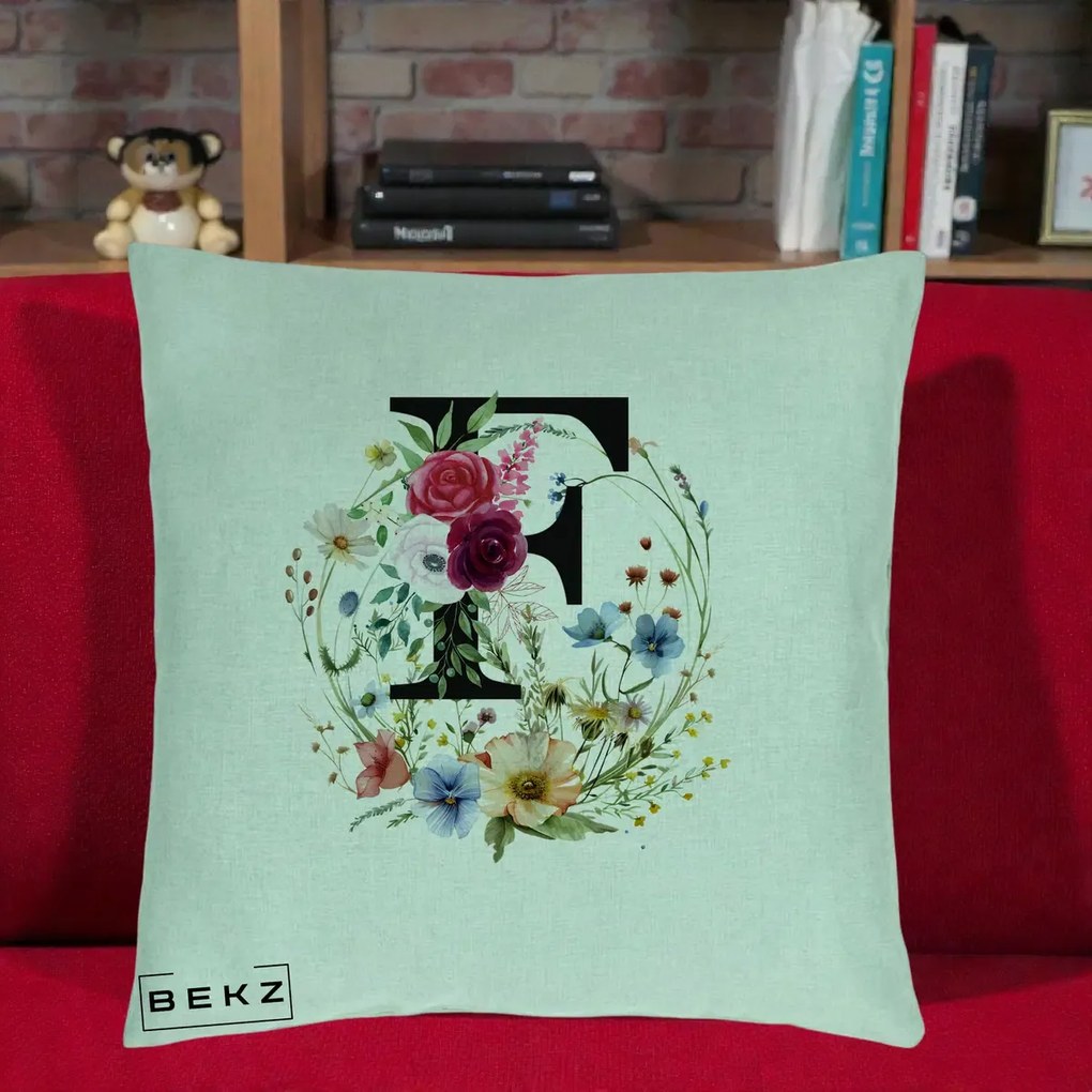 Cadou Personalizat - Perna Personalizata Monogram Litera F cu Flori Acuarela, 40x40 cm, Verde Menta, Husa Detasabila, Perna Inclusa, BEKZ®